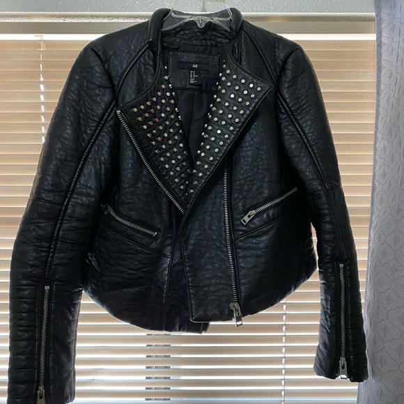 H&M Jackets & Coats Black Faux Leather Hm Jacket With Rhinestones